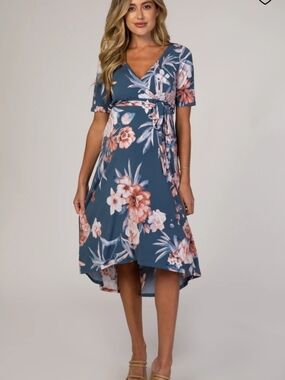 Hello MIZ Blue Floral High-Low Wrap Dress with Peach Blooms